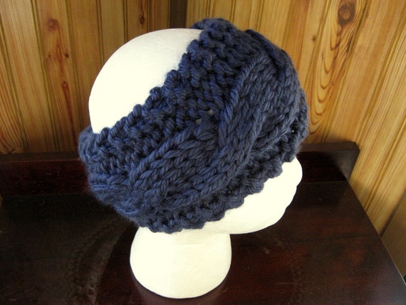 Womens Winter Earwarmer Headband Center Cable Garter Stitch Border Hand Knit Soft Chunky Yarn Available In Navy Or White
