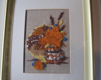 Southwestern baskets still life completed crewel embroidery framed under glass - picture of baskets and cattails with native grasses