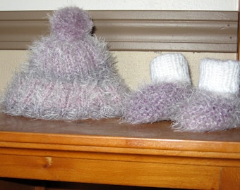 Baby Fuzzy Ribbed Hat with Pompom and matching Fuzzy Booties - Hand Knit - Shades of Lavendar - Size newborn to 3 months