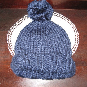 Unisex Adult Hand Knit Soft Thick & Warm Every Day Winter Hat with Pompom - Navy Blue
