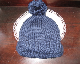 Unisex Adult Hand Knit Soft Thick & Warm Every Day Winter Hat with Pompom - Navy Blue