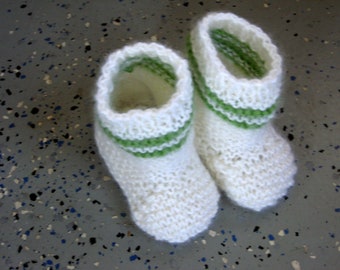 Tube Sock Baby Booties - Hand Knit - White With Green Trim - Unisex