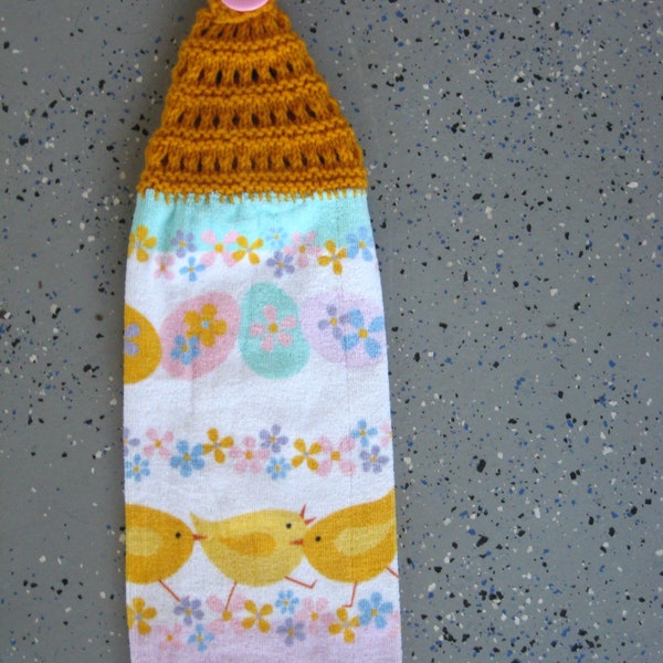 Easter Eggs and Chicks Hanging Terry Kitchen Towel With Hand Knit Top And Button Closure - single thickness