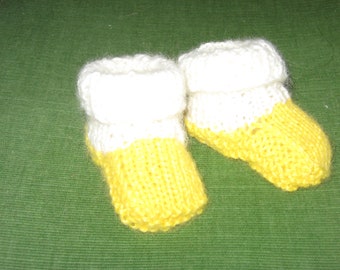 Newborn Baby Booties - Hand Knit - Yellow with White Cuff - Unisex