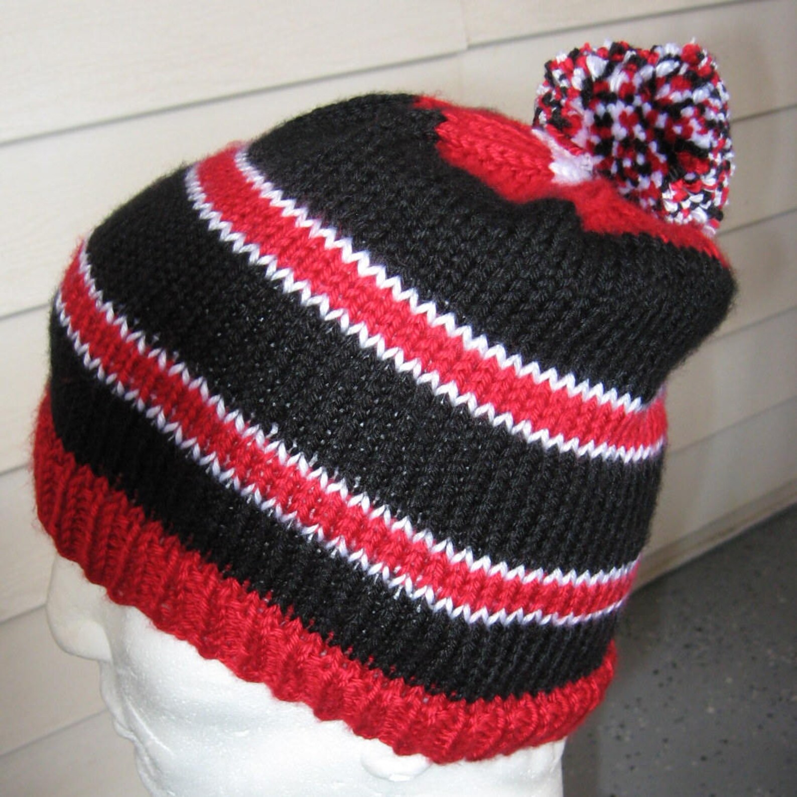 Medium Hand Knit Hat Red Black and White Stripes & Pompom Etsy