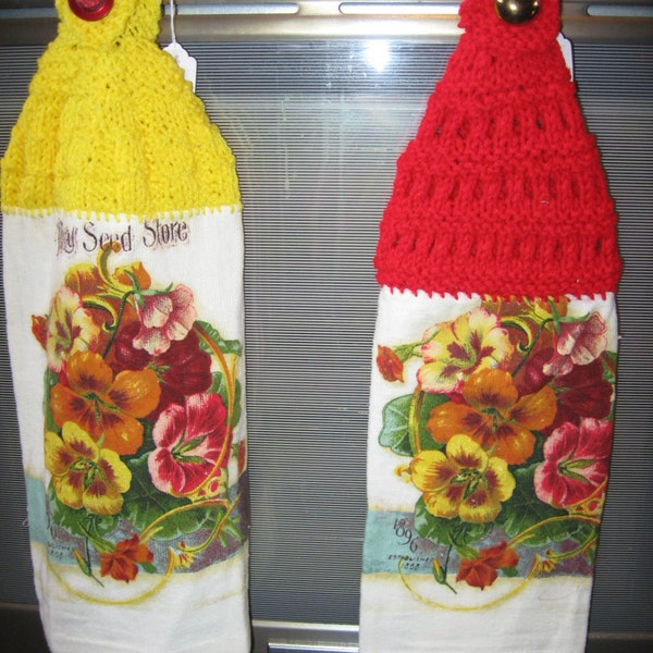 Nasturtium Flowers Hanging Terry Kitchen Towel With Hand Knit Top And Button Closure - single thickness