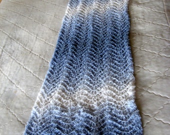 Hand Knit Wrap/Shawl - oblong - shorter length - lighter weight -  lacey - boucle yarn - light blue (variegated) colors