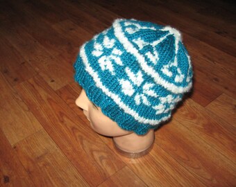 Snow Flower Hand Knit Girl's Fair Isle Hat In Sparkly Teal and Creamy White - Child's Size