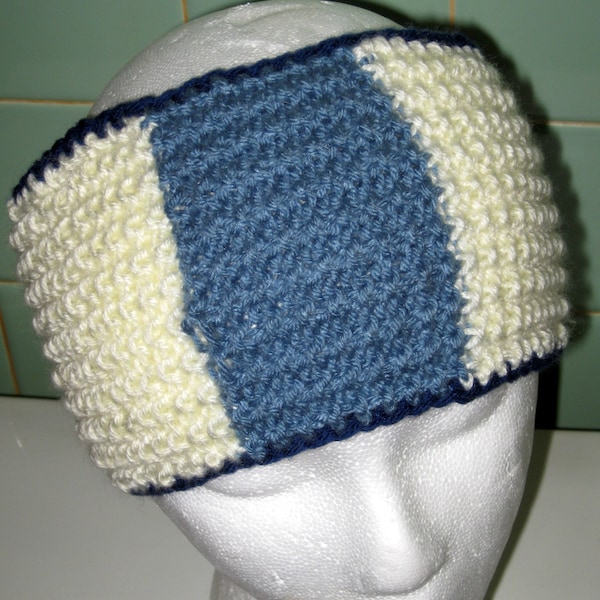 Blue & Off-white Light Weight Headband/Earwarmer - Adult size - Hand Knitted - 19" diameter - snug fit