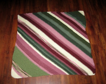 Baby Afghan - 34 inches square - diagonal stripes - shades of cream, cranberry, rose, and sage