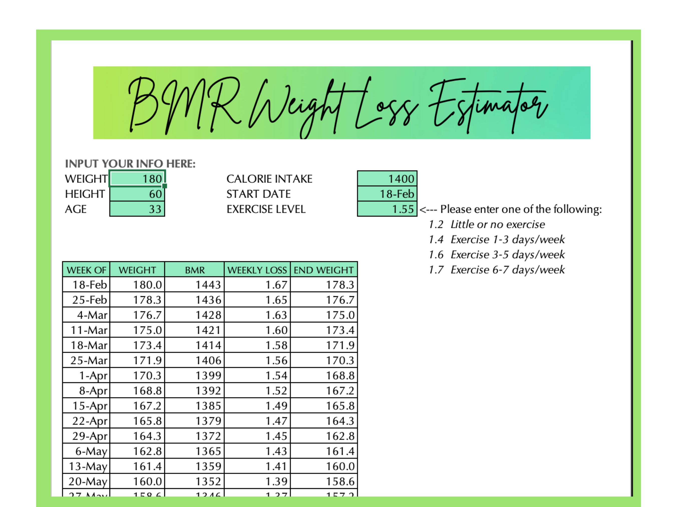 Digital Weight Loss Tracker & BMR Weight Loss Estimator Etsy