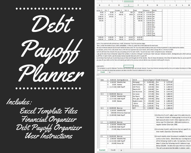 May include: A black and white printable debt payoff planner spreadsheet with the title "Debt Payoff Planner" and a list of features including Excel template files, financial organizer, debt payoff organizer, and user instructions.