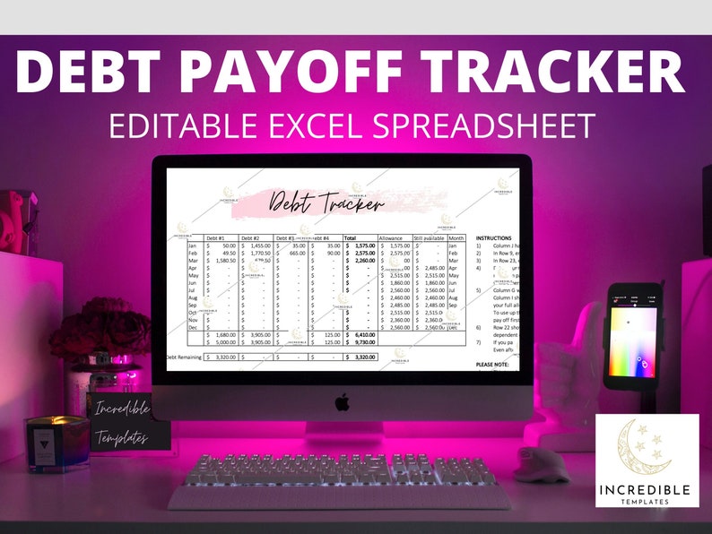May include: A computer screen displaying a debt tracker spreadsheet with a pink background. The spreadsheet is titled "Debt Tracker" and includes columns for debt amount, minimum payment, interest rate, and available funds. The spreadsheet also includes instructions for use. The image includes the text "DEBT PAYOFF TRACKER" and "EDITABLE EXCEL SPREADSHEET".