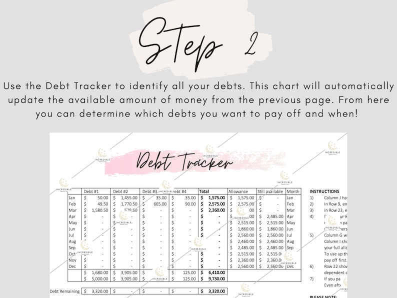 May include: A pink and white debt tracker chart with a table listing monthly payments for four different debts. The chart includes columns for total debt, allowance, still available, and month. The chart also includes instructions for using the tracker.