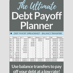 May include: A debt payoff spreadsheet with a blue and white color scheme. The spreadsheet includes a list of credit cards, monthly payments, and a total allowance for each month. The spreadsheet is titled "Debt Payoff Spreadsheet - Balance Transfers". The text "Use balance transfers to pay off your debt at a low rate!" is at the bottom of the spreadsheet.
