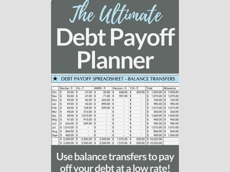 May include: A debt payoff spreadsheet with a blue and white color scheme. The spreadsheet includes a list of credit cards, monthly payments, and a total allowance for each month. The spreadsheet is titled "Debt Payoff Spreadsheet - Balance Transfers". The text "Use balance transfers to pay off your debt at a low rate!" is at the bottom of the spreadsheet.