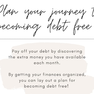 May include: A motivational quote about becoming debt free. The text reads "Plan your journey to becoming debt free."  The quote is written in black cursive script on a white background. Below the quote is a light brown rectangle with the text "Pay off your debt by discovering the extra money you have available each month. By getting your finances organized, you can lay out a plan for becoming debt free!"