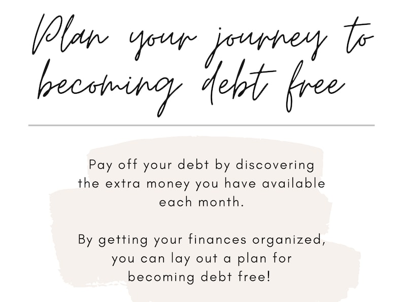 May include: A motivational quote about becoming debt free. The text reads "Plan your journey to becoming debt free."  The quote is written in black cursive script on a white background. Below the quote is a light brown rectangle with the text "Pay off your debt by discovering the extra money you have available each month. By getting your finances organized, you can lay out a plan for becoming debt free!"