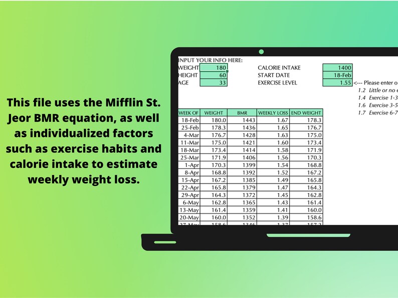 Digital Weight Loss Tracker & BMR Weight Loss Estimator Etsy