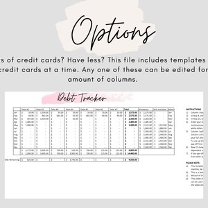 May include: A printable debt tracker spreadsheet with instructions for use. The spreadsheet is designed to help users track their debt payments and manage their finances. The spreadsheet includes columns for debt number, total amount, allowance, still available, and month.