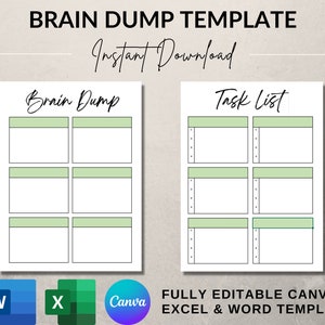 May include: Printable brain dump and task list template in a minimalist style with green accents. The template is fully editable in Canva, Excel, and Word.