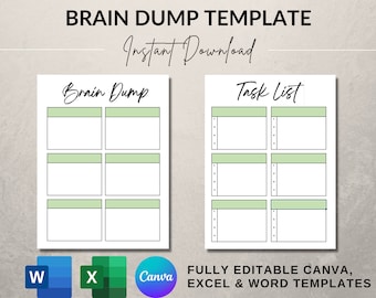BRAIN DUMP PRINTABLE Template | Thought Organizer, Excel Tempate, Word template, Canva template, fully editable, brain dump template, tasks