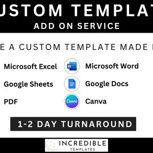 Puede incluir: Un gráfico con el texto "CUSTOM TEMPLATE ADD ON SERVICE" en negro sobre fondo blanco. El texto "HAVE A CUSTOM TEMPLATE MADE FOR:" está debajo del título. Hay seis iconos que representan diferentes programas de software: Microsoft Excel, Microsoft Word, Google Sheets, Google Docs, PDF y Canva. El texto "1-2 DAY TURNAROUND" está debajo de los iconos. El texto "INCREDIBLE TEMPLATES" está en la parte inferior del gráfico.