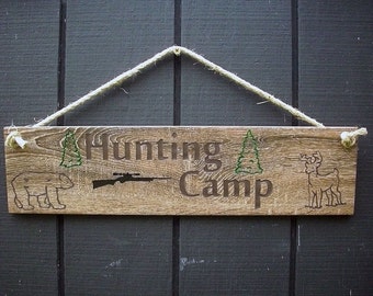 Hunting Camp Sign Simulated Driftwood Grain Ceramic Tile