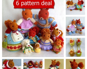 6 PATTERN DEAL - Pinny, Fuzzytuft Twins, Heather & Bracken, Santa, Tiny squirrels and Fuzzy Tots - toy knitting patterns - Pdf