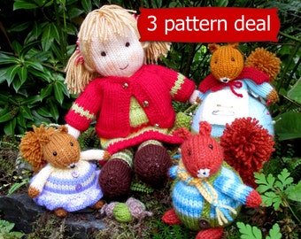 3 PATTERN DEAL - Little Nellie Nutkins doll + Pinny Fuzzytuft and Fuzzytuft Twins squirrels – toy knitting pattern - Pdf