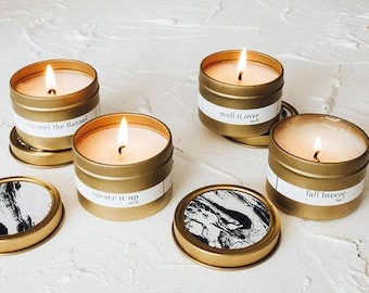 Juego de velas de viaje JOMO de otoño en lata, vela de soja con aroma a coco, velas de soja hechas a mano.