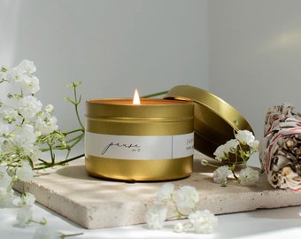 Vela aromática Pause Gold para viaje en lata, vela de aromaterapia, vela perfumada de recuerdo, regalo para aliviar el estrés y promover la atención plena.