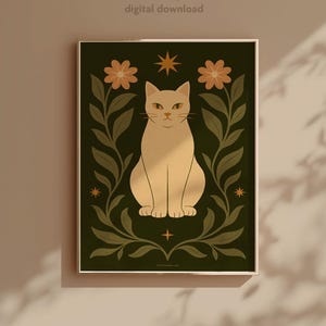 Cream Cat - 3 varianti colore - gatto color crema con fiori e stelle poster decorativo per la casa stile boho folk, toni naturali