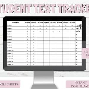 Może przedstawiać: Cyfrowy tracker testów dla uczniów wyświetlany na monitorze komputera. Arkusz kalkulacyjny pokazuje imiona uczniów i wyniki testów, z paskami postępu. Tekst zawiera "Student Test Tracker", "Google Sheets" i "Instant Download".