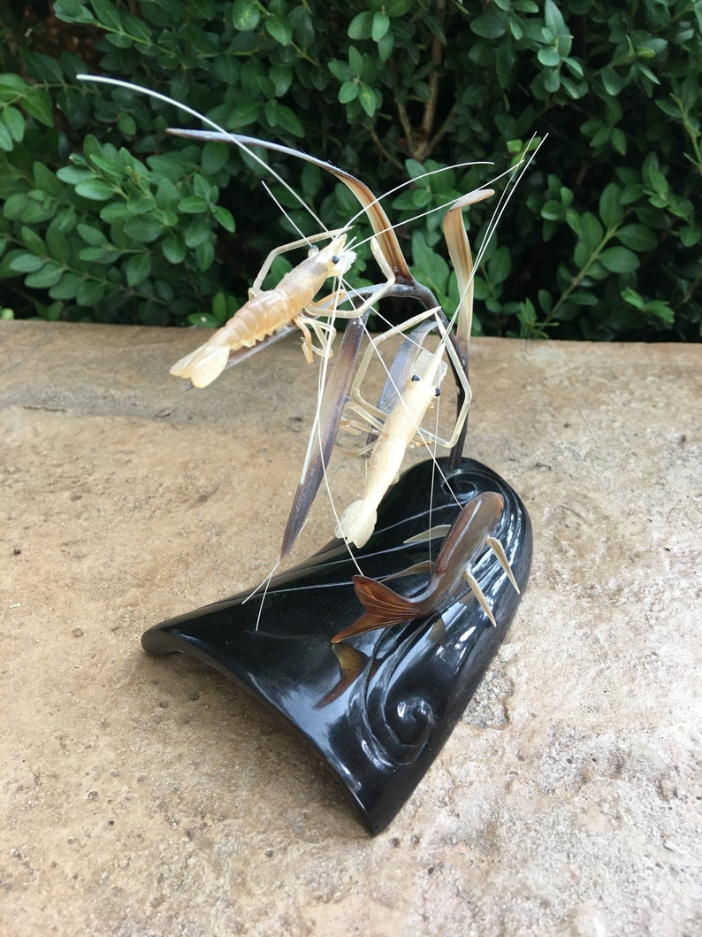 Vintage Carved Horn Shrimp and Fish Sculpture