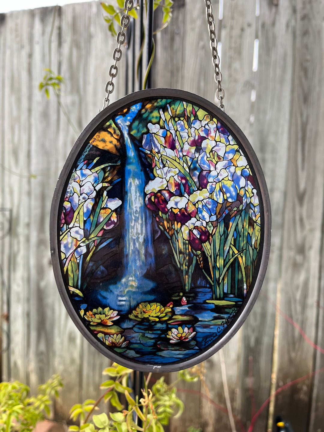 1989 Glassmasters Suncatcher , Waterfall With Iris Flower, Louis