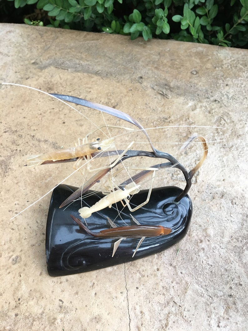 Vintage Carved Horn Shrimp and Fish Sculpture