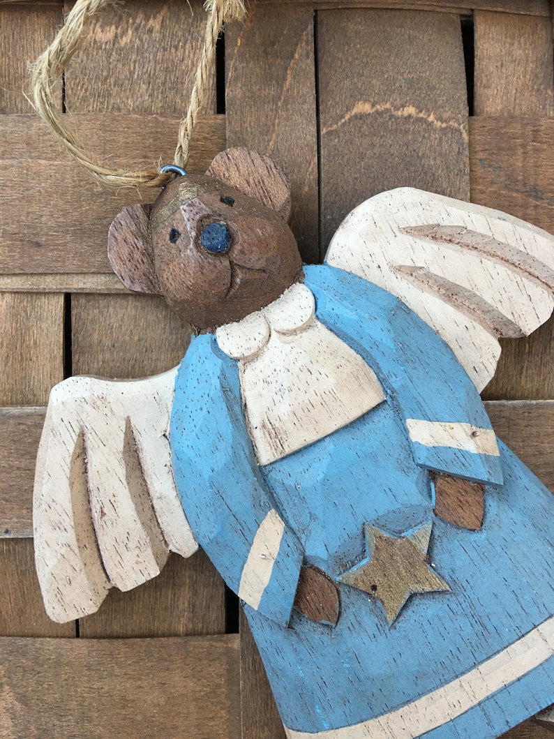 Hand Carved Wood Bear Angel Christmas Ornament