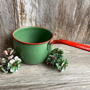 Vintage Green and Red Enamel Cooking Pot, Cooking Pan, Christmas Decor
