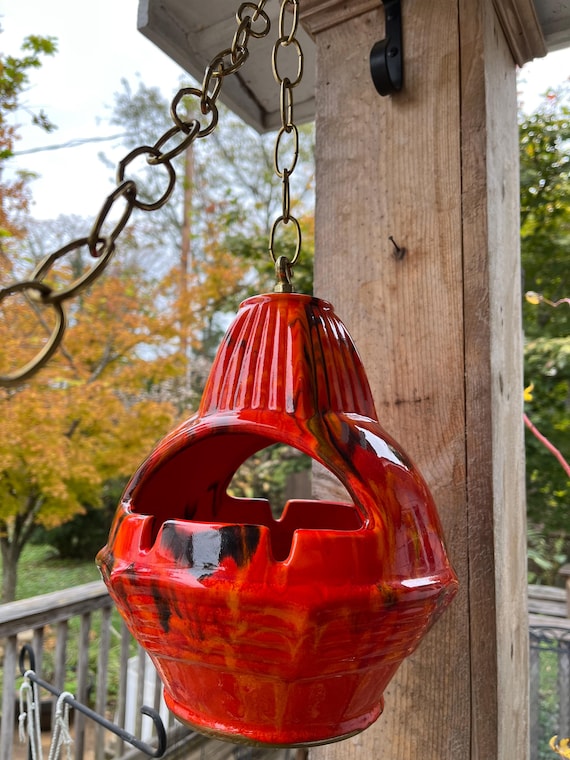 Vintage Mid Century Drip Glaze Pottery Hanging Ashtray With Chain