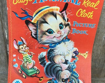 Vintage 1955 Children's Cloth Picture Book: Cat, Mouse & Animals