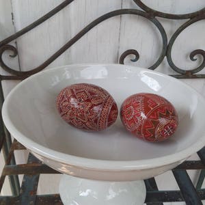 Two Russian Hand Painted Wooden Easter Eggs with wood stands
