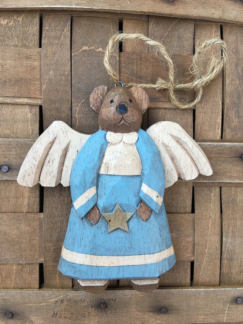 Hand Carved Wood Bear Angel Christmas Ornament