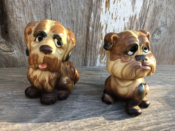 Vintage Ceramic Big Eye Dog Figurines: Bulldog & Hound Dog, Japan