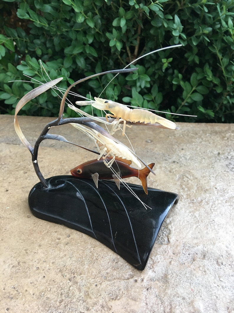 Vintage Carved Horn Shrimp and Fish Sculpture