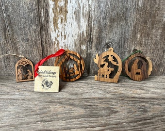 4 Wooden / Wood Nativity Christmas Ornaments, Bethlehem