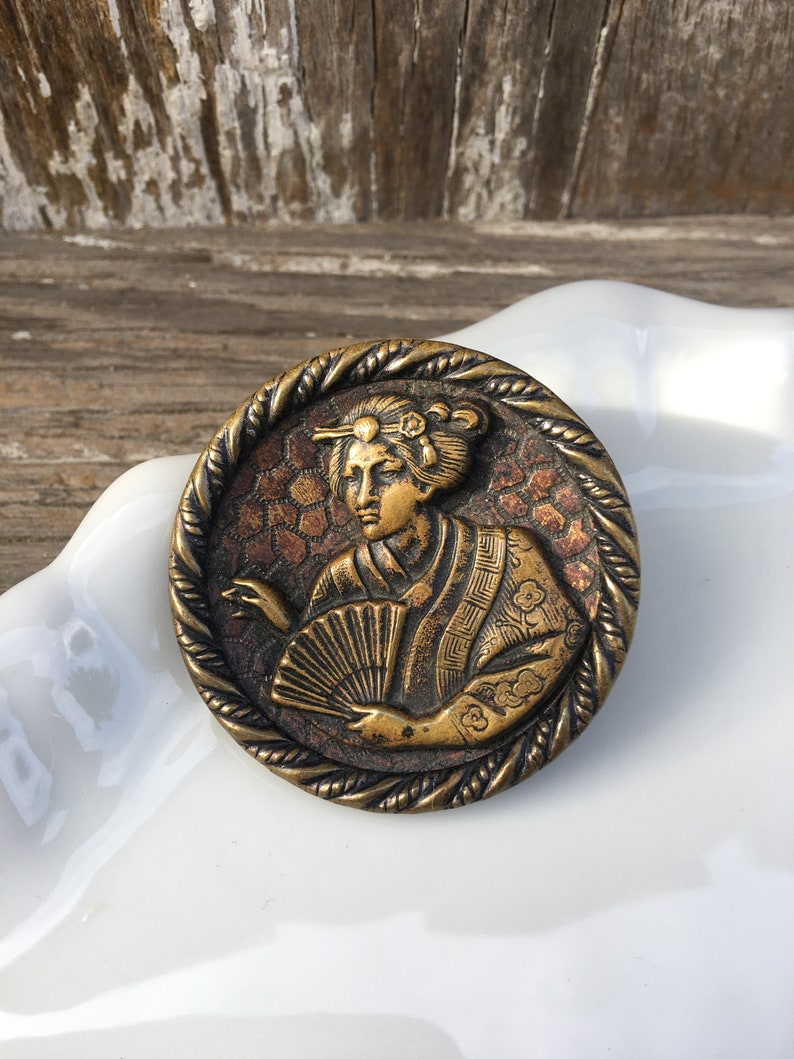 Antique Beautiful Large Brass Picture Button Katisha