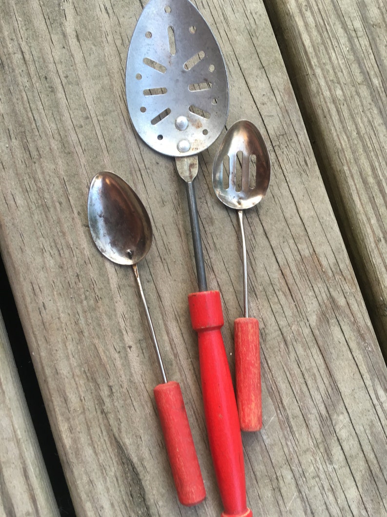 Vintage Child's Play Kitchen Utensils Spoons Red Wood Etsy