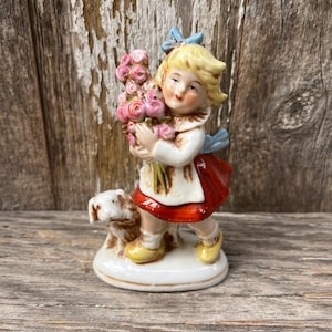 Adorable Girl with Flowers and Dog Porcelain Figurine made in Germany, Hand Painted