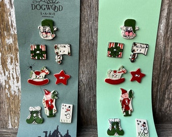 Vintage Dogwood Lane Hand Painted Ceramic Christmas Buttons